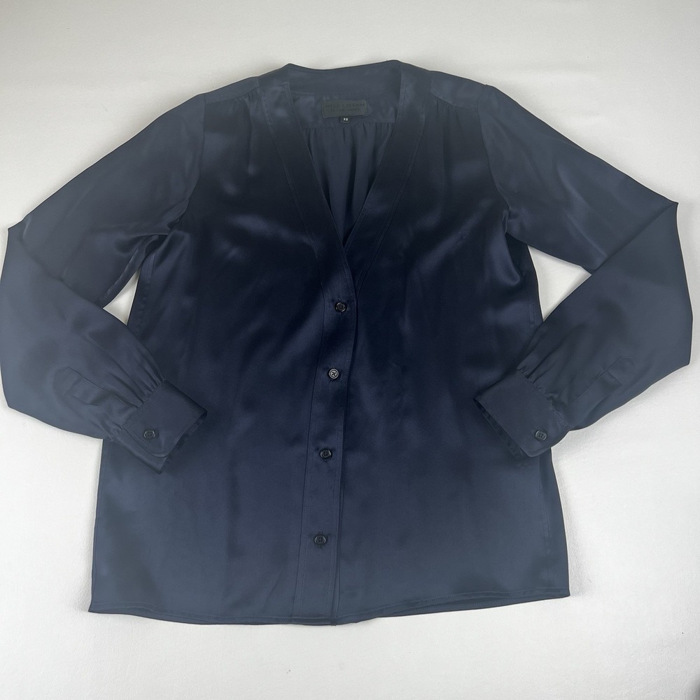Nili Lotan Navy Blue 100% Silk Satin V-Neck Button Front Blouse XS Made in USA